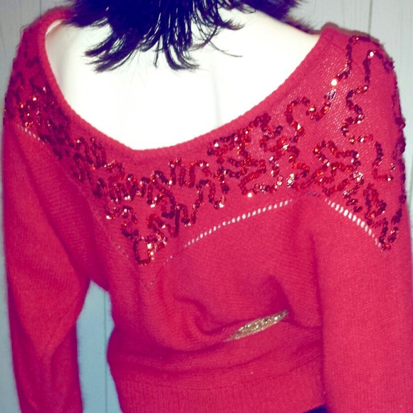 Vintage 80s RED Glam Sequin Dolman Slv Angora Sweater - Picture 5 of 5